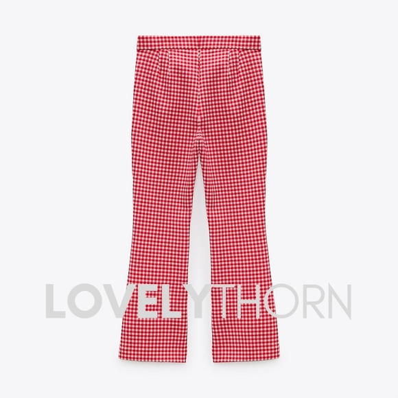 ZARA // red & white textured gingam hi waist crop mini flare pants - Picture 11 of 14